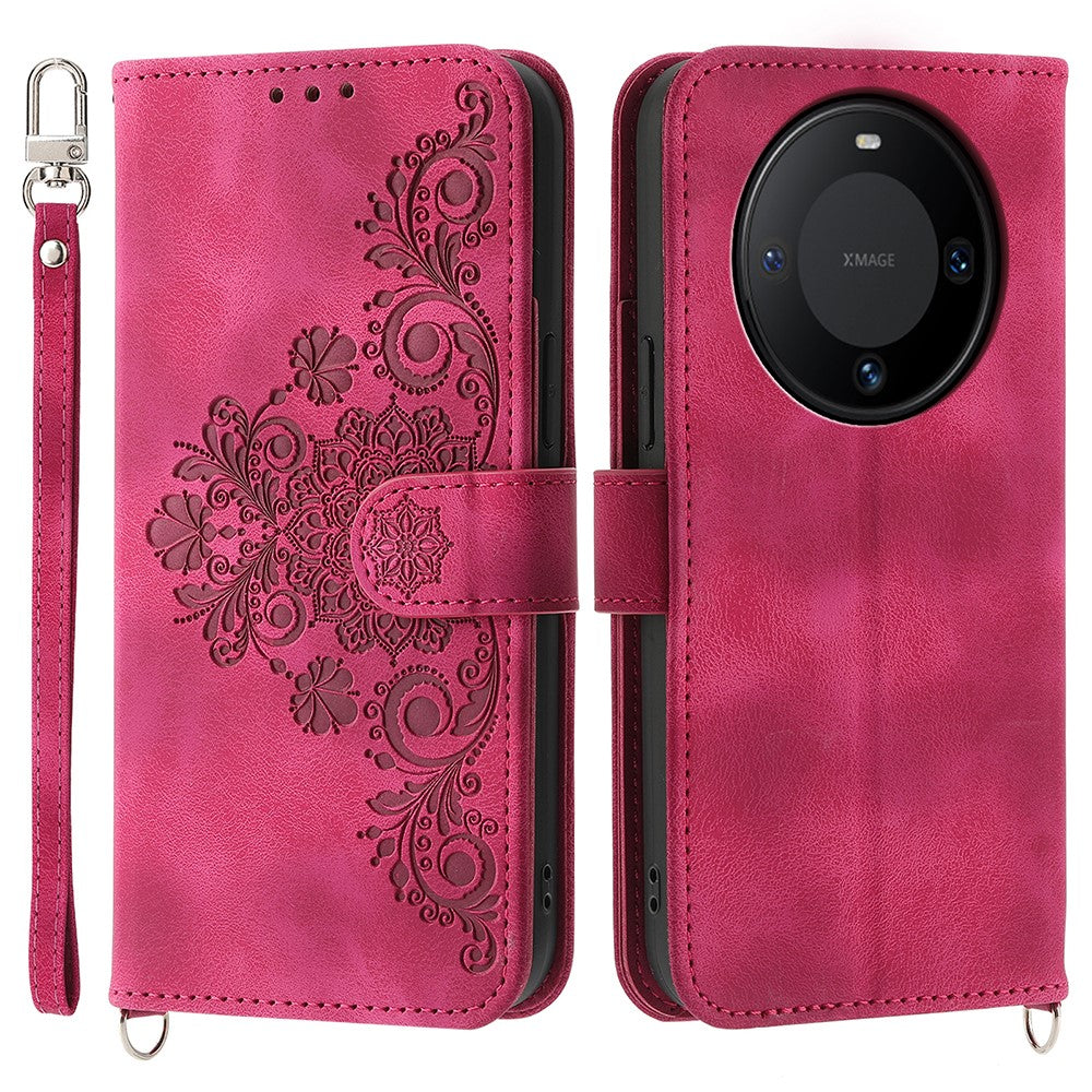 For Huawei Mate 60 Pro Phone Leather Case Imprinted Flower Stand Wallet Cover with Wrist Strap + Shoulder Strap