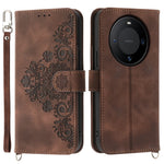 For Huawei Mate 60 Pro Phone Leather Case Imprinted Flower Stand Wallet Cover with Wrist Strap + Shoulder Strap