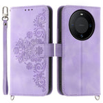 For Huawei Mate 60 Pro Phone Leather Case Imprinted Flower Stand Wallet Cover with Wrist Strap + Shoulder Strap