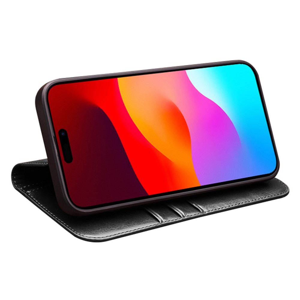 QIALINO For iPhone 15 Pro Shockproof Genuine Leather Flip Case Full Protection Wallet Cover Stand