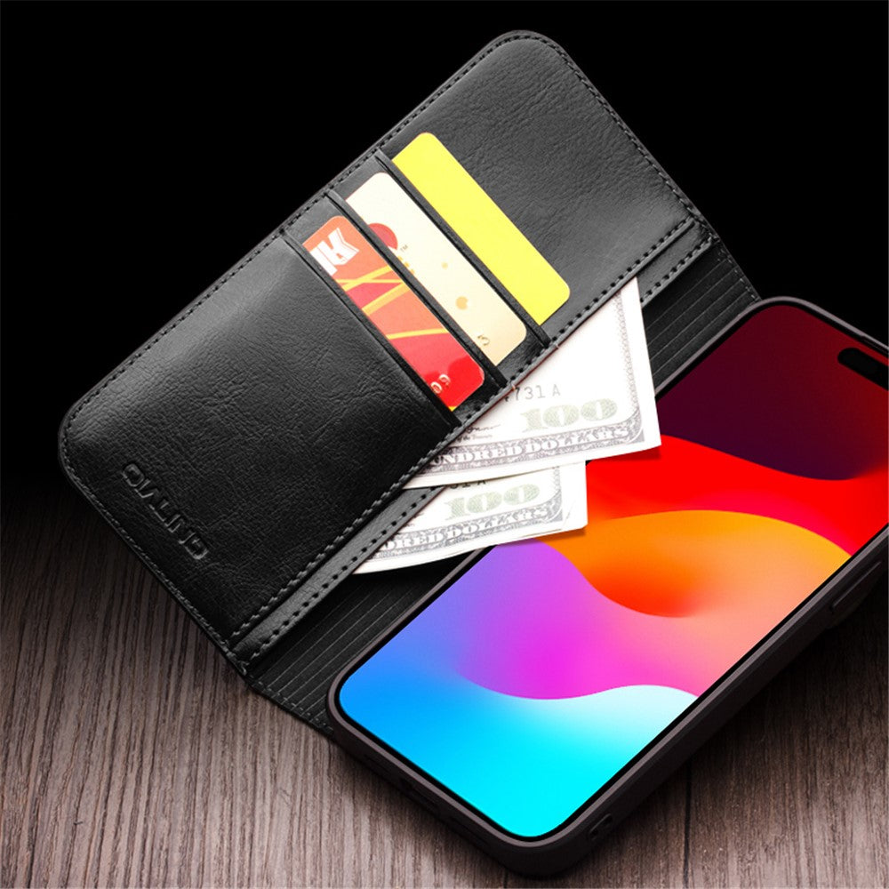 QIALINO For iPhone 15 Pro Shockproof Genuine Leather Flip Case Full Protection Wallet Cover Stand