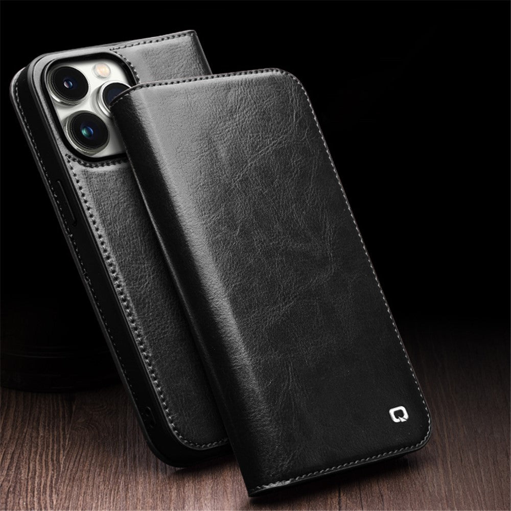 QIALINO For iPhone 15 Pro Shockproof Genuine Leather Flip Case Full Protection Wallet Cover Stand