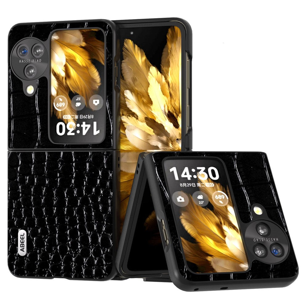 ABEEL For Oppo Find N3 Flip 5G Crocodile Texture Phone Cover Genuine Cow Leather Coated PC Folding Case
