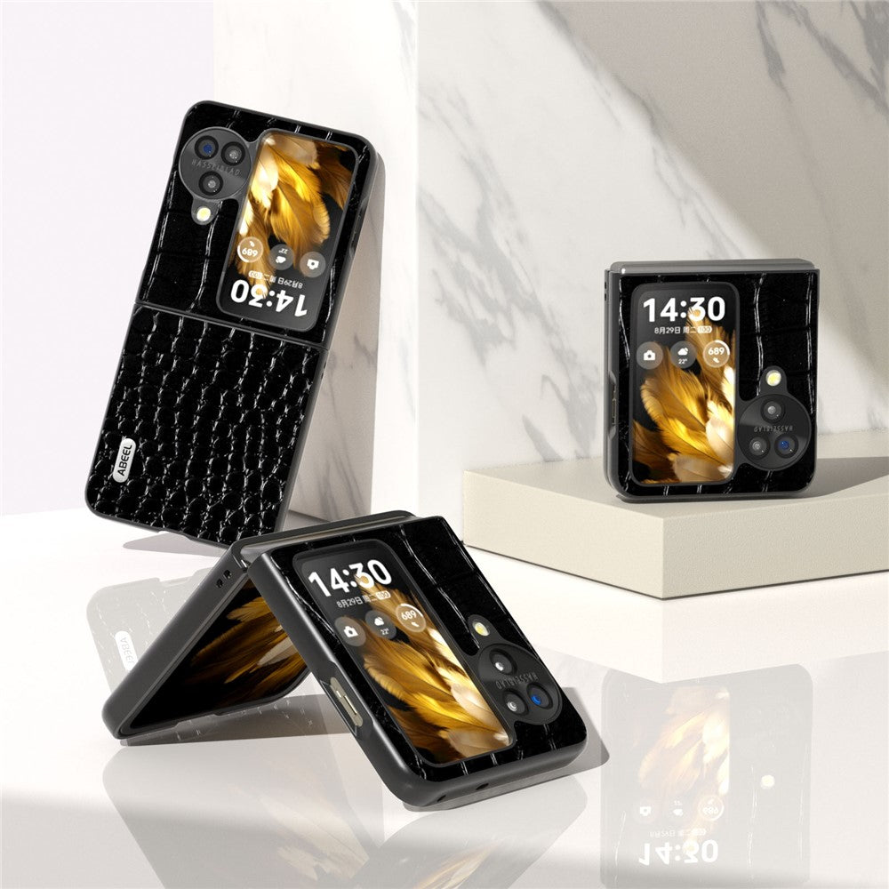 ABEEL For Oppo Find N3 Flip 5G Crocodile Texture Phone Cover Genuine Cow Leather Coated PC Folding Case