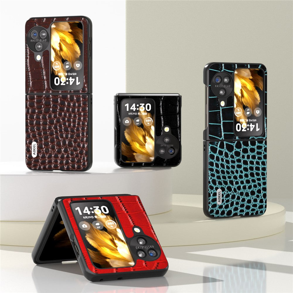 ABEEL For Oppo Find N3 Flip 5G Crocodile Texture Phone Cover Genuine Cow Leather Coated PC Folding Case