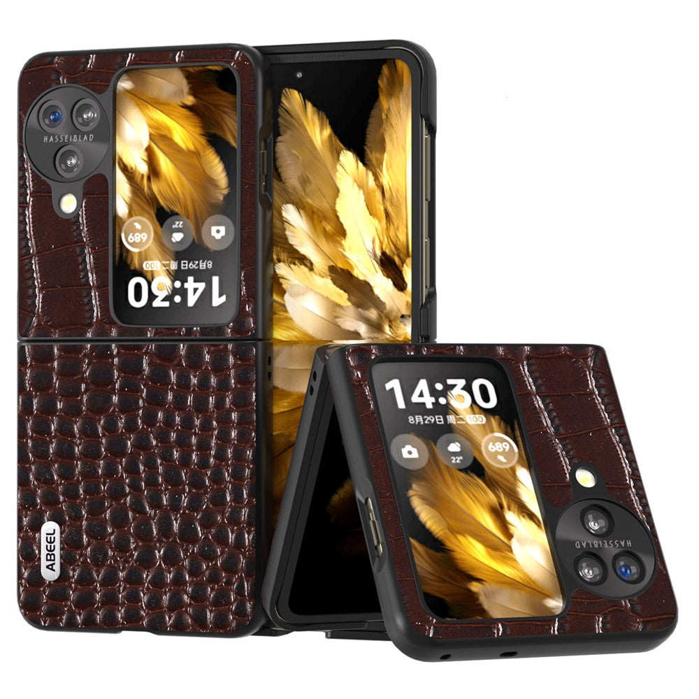 ABEEL For Oppo Find N3 Flip 5G Crocodile Texture Phone Cover Genuine Cow Leather Coated PC Folding Case