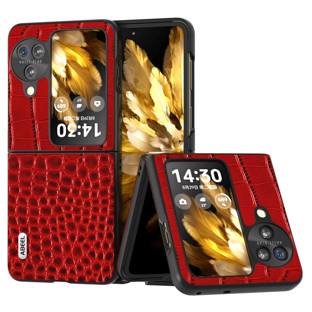 ABEEL For Oppo Find N3 Flip 5G Crocodile Texture Phone Cover Genuine Cow Leather Coated PC Folding Case