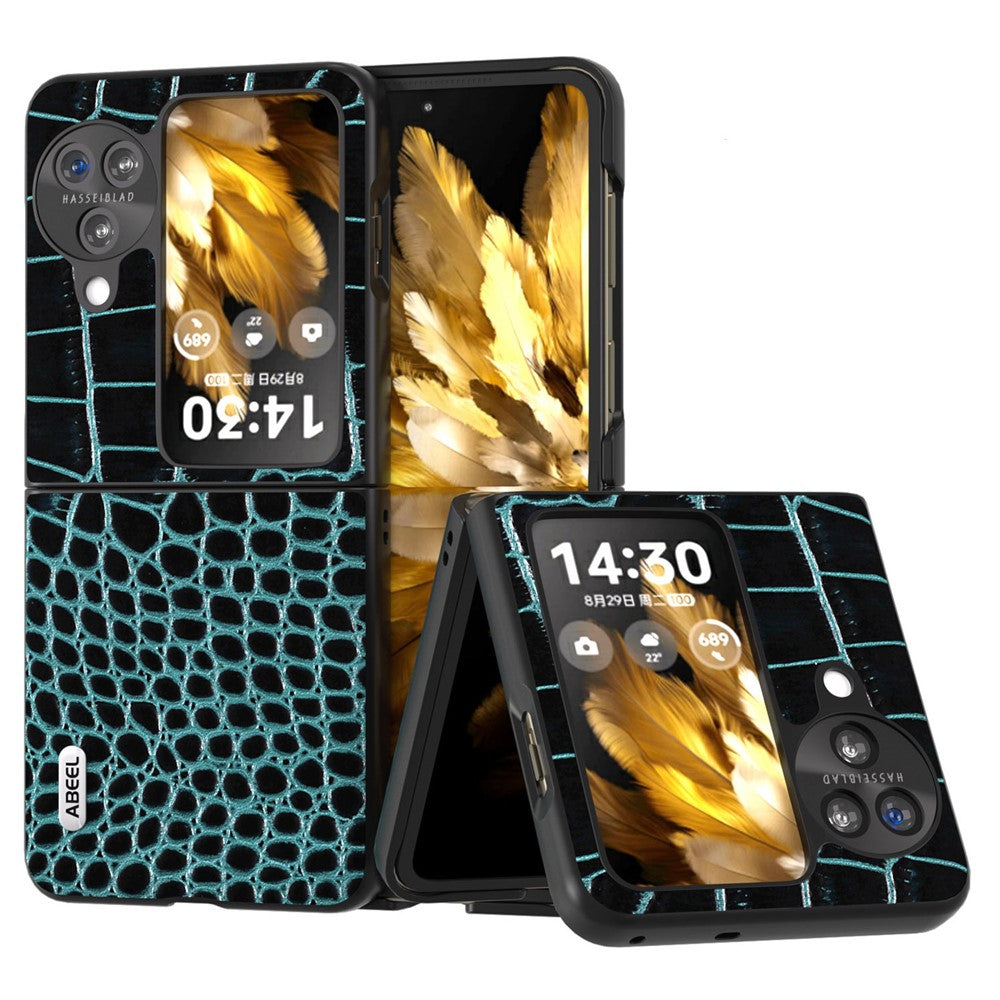 ABEEL For Oppo Find N3 Flip 5G Crocodile Texture Phone Cover Genuine Cow Leather Coated PC Folding Case