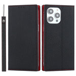 For iPhone 15 Pro Max Genuine Cow Leather Wallet Stand Case Litchi Texture Phone Cover with Strap