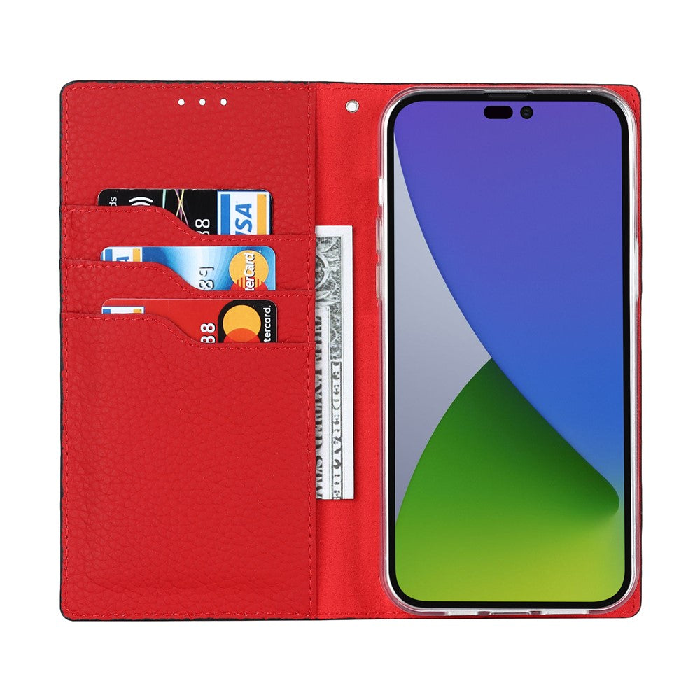 For iPhone 15 Pro Max Genuine Cow Leather Wallet Stand Case Litchi Texture Phone Cover with Strap