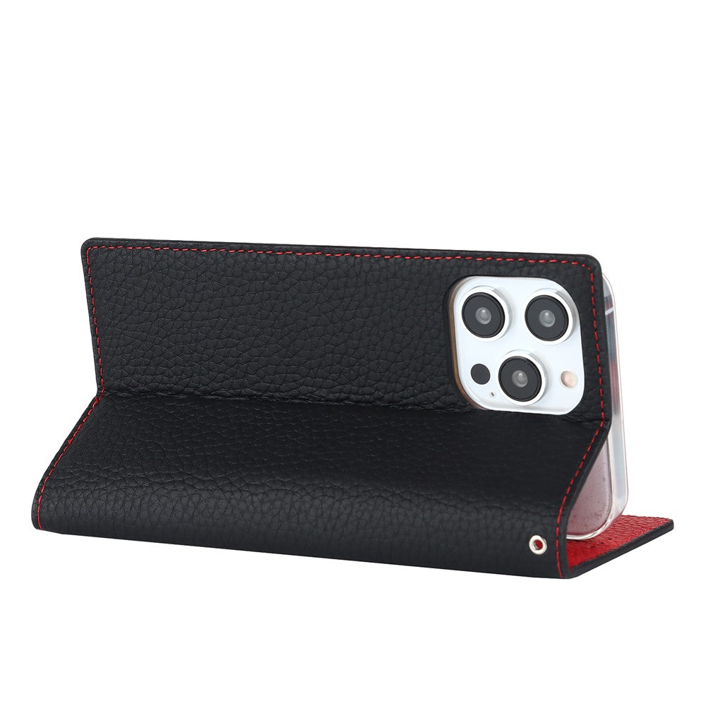 For iPhone 15 Pro Max Genuine Cow Leather Wallet Stand Case Litchi Texture Phone Cover with Strap
