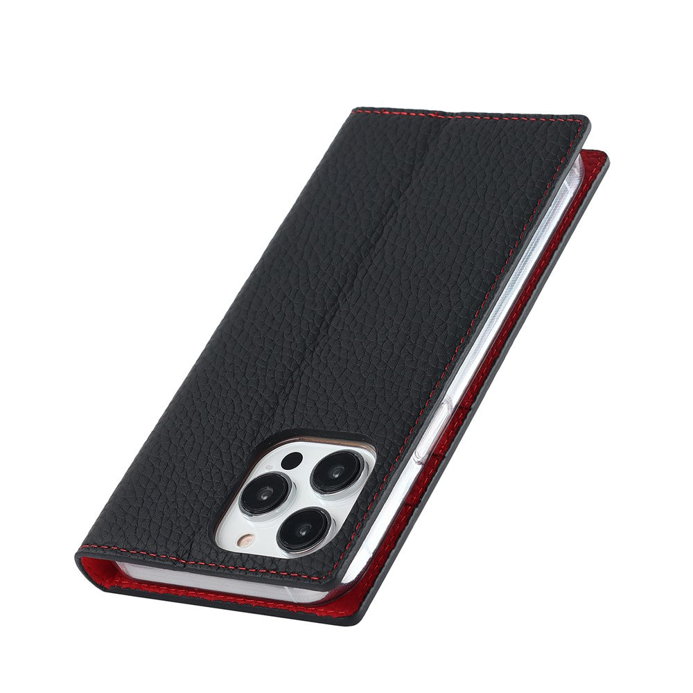 For iPhone 15 Pro Max Genuine Cow Leather Wallet Stand Case Litchi Texture Phone Cover with Strap