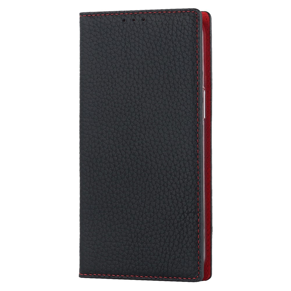 For iPhone 15 Pro Max Genuine Cow Leather Wallet Stand Case Litchi Texture Phone Cover with Strap