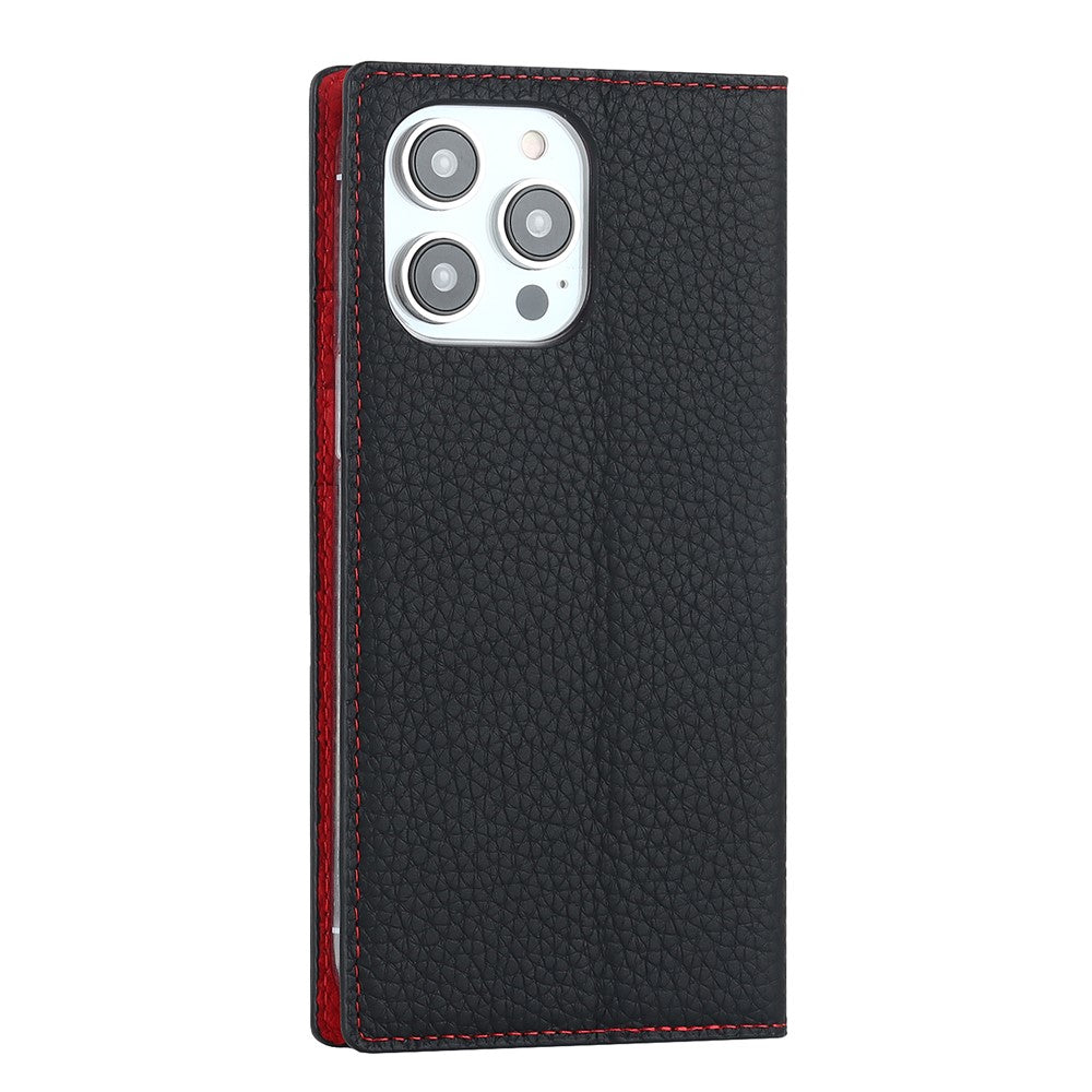 For iPhone 15 Pro Max Genuine Cow Leather Wallet Stand Case Litchi Texture Phone Cover with Strap