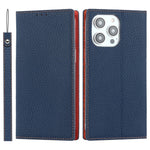 For iPhone 15 Pro Max Genuine Cow Leather Wallet Stand Case Litchi Texture Phone Cover with Strap