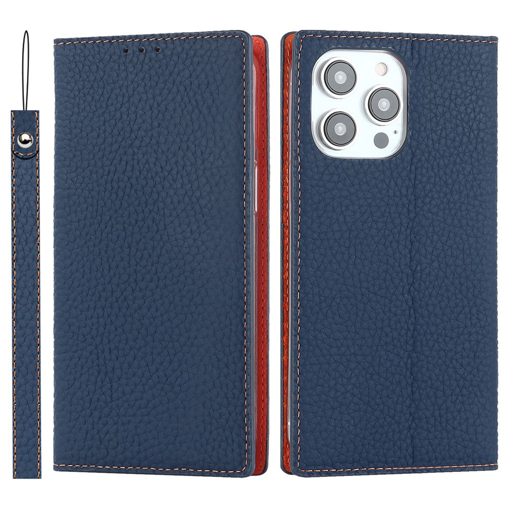 For iPhone 15 Pro Max Genuine Cow Leather Wallet Stand Case Litchi Texture Phone Cover with Strap