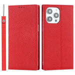 For iPhone 15 Pro Max Genuine Cow Leather Wallet Stand Case Litchi Texture Phone Cover with Strap