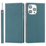 For iPhone 15 Pro Max Genuine Cow Leather Wallet Stand Case Litchi Texture Phone Cover with Strap