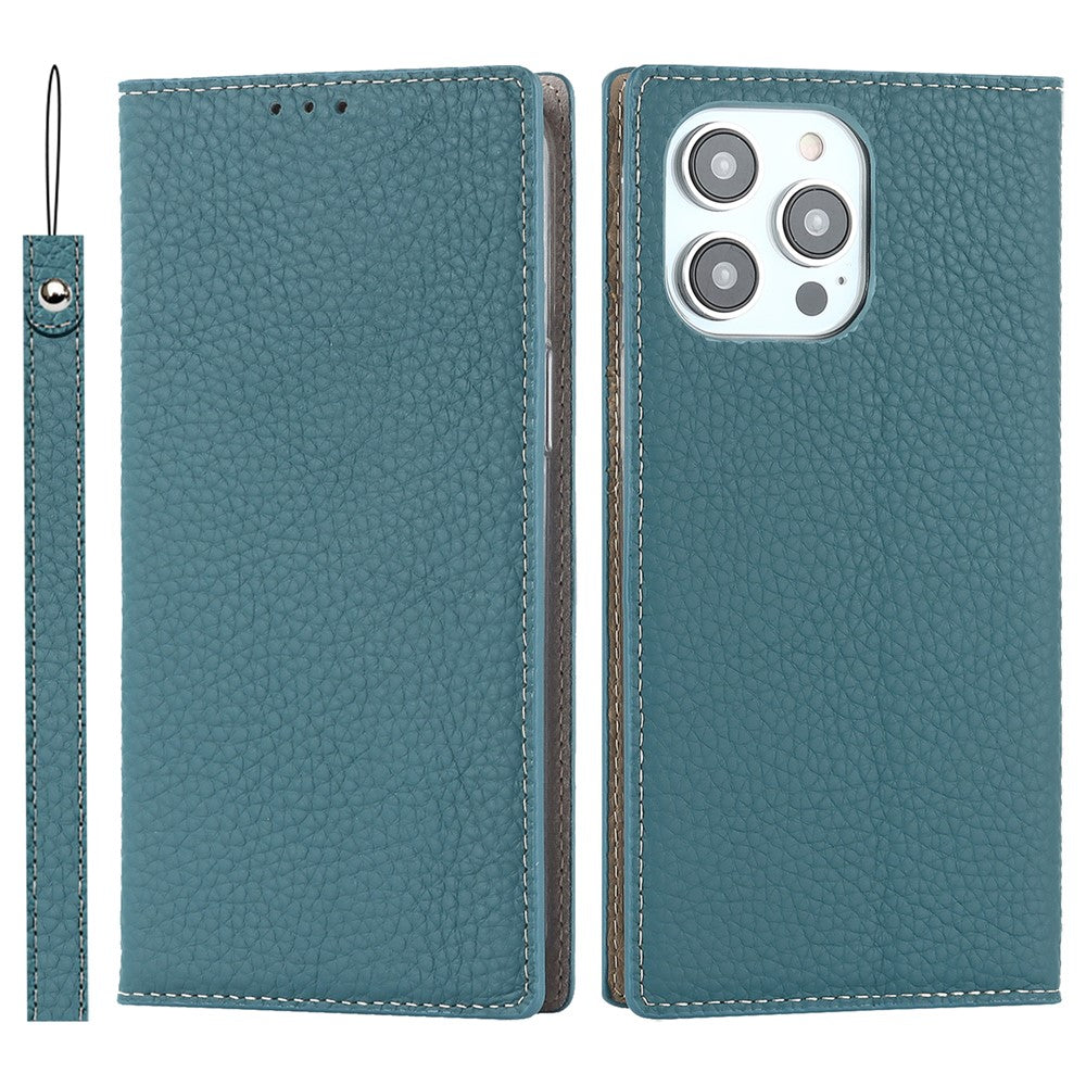For iPhone 15 Pro Max Genuine Cow Leather Wallet Stand Case Litchi Texture Phone Cover with Strap