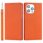For iPhone 15 Pro Max Genuine Cow Leather Wallet Stand Case Litchi Texture Phone Cover with Strap