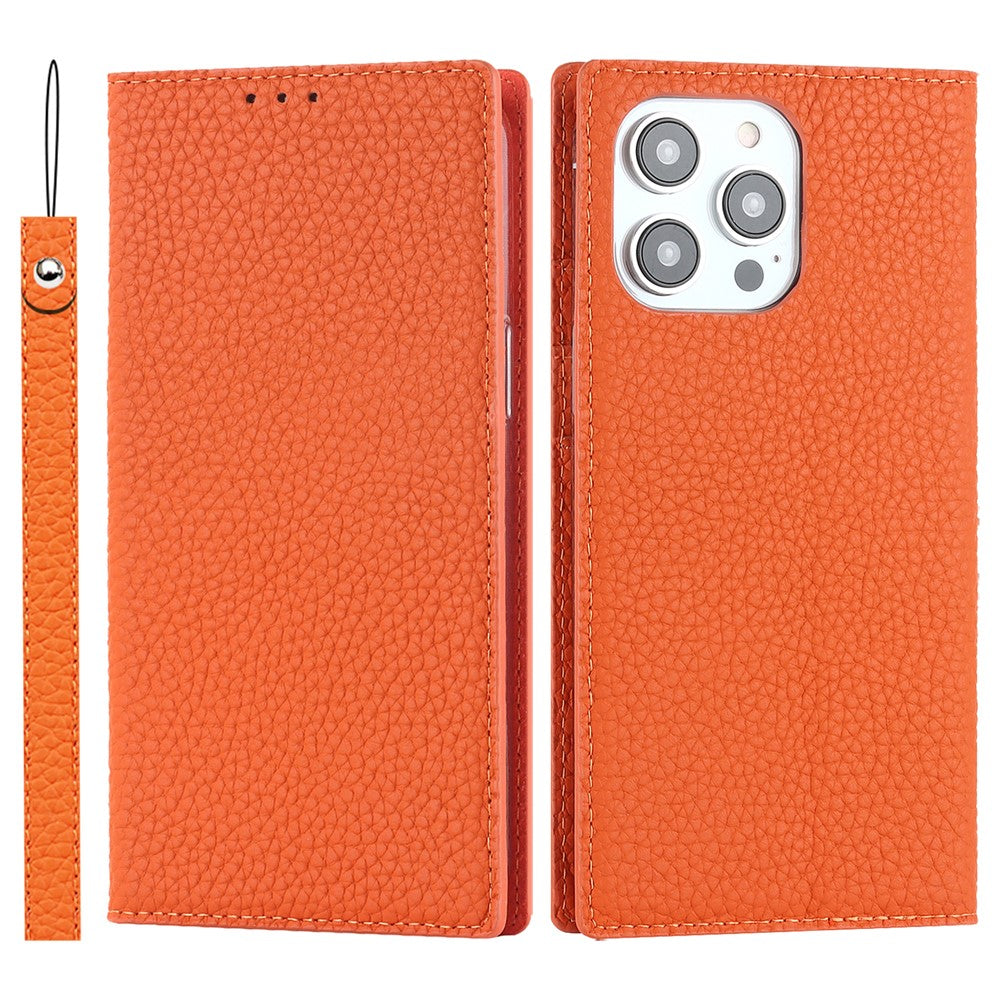 For iPhone 15 Pro Max Genuine Cow Leather Wallet Stand Case Litchi Texture Phone Cover with Strap