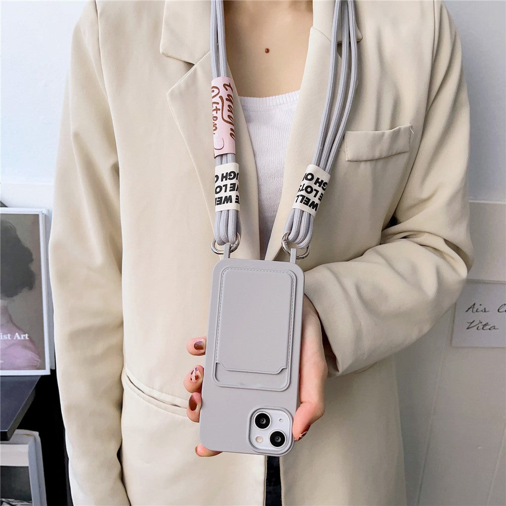 For iPhone 15 Plus Liquid Silicone Phone Case Card Slot Protective Cover with Strap