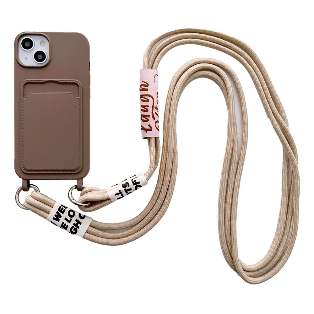 For iPhone 15 Plus Liquid Silicone Phone Case Card Slot Protective Cover with Strap