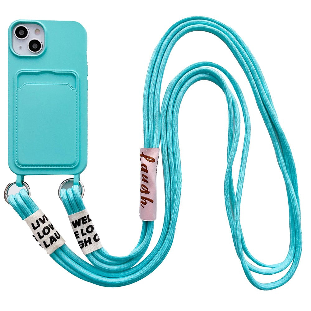 For iPhone 15 Plus Liquid Silicone Phone Case Card Slot Protective Cover with Strap
