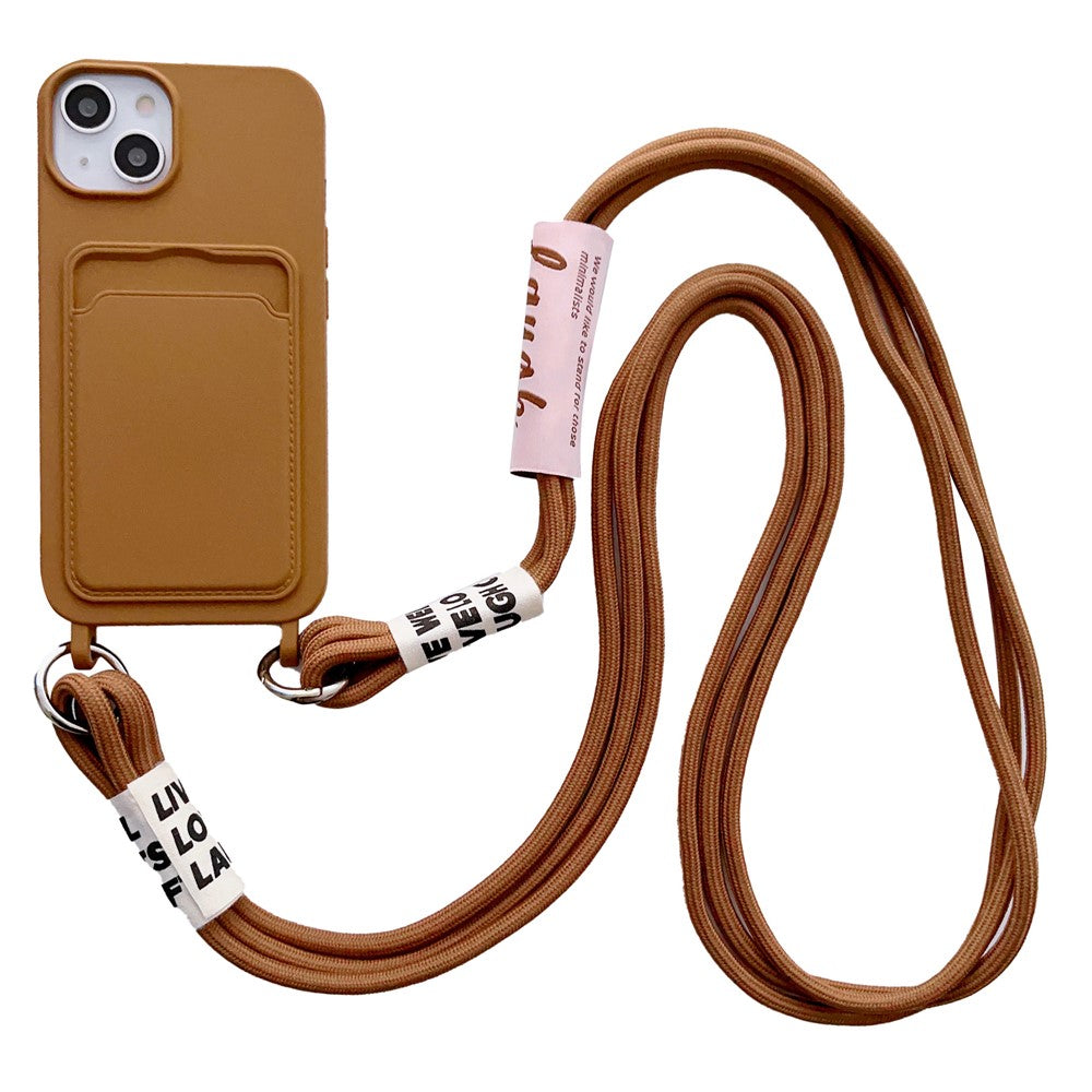 For iPhone 15 Plus Liquid Silicone Phone Case Card Slot Protective Cover with Strap
