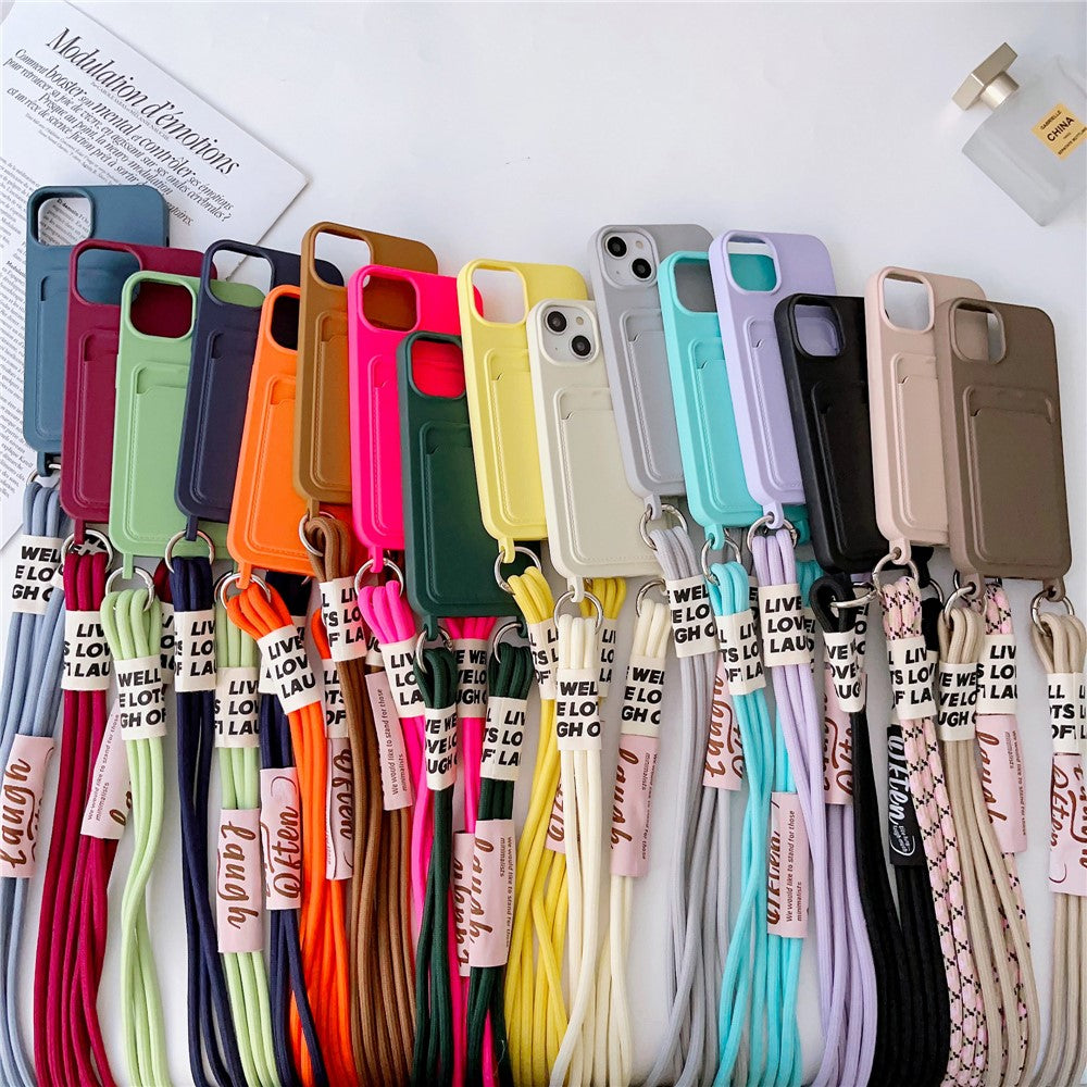 For iPhone 15 Card Holder Phone Case Soft Liquid Silicone Shockproof Cover with Strap