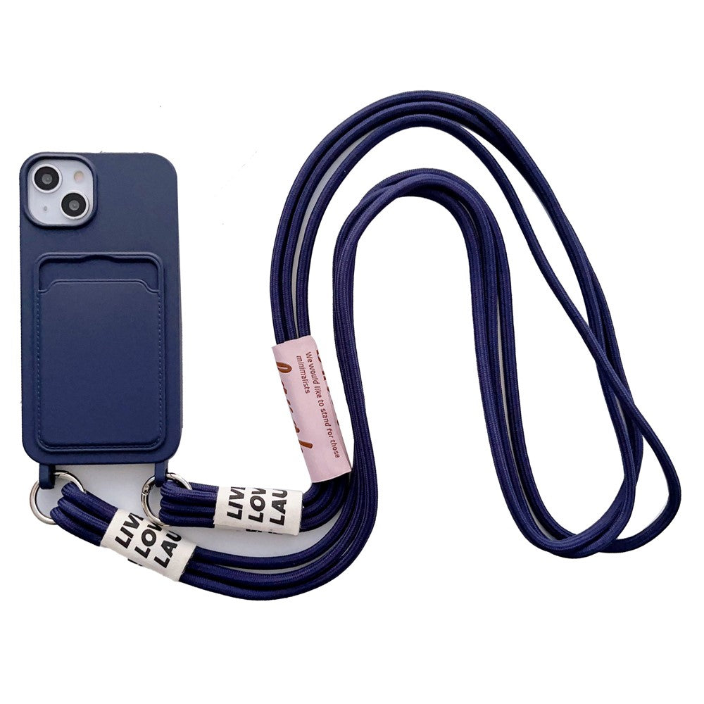 For iPhone 15 Card Holder Phone Case Soft Liquid Silicone Shockproof Cover with Strap