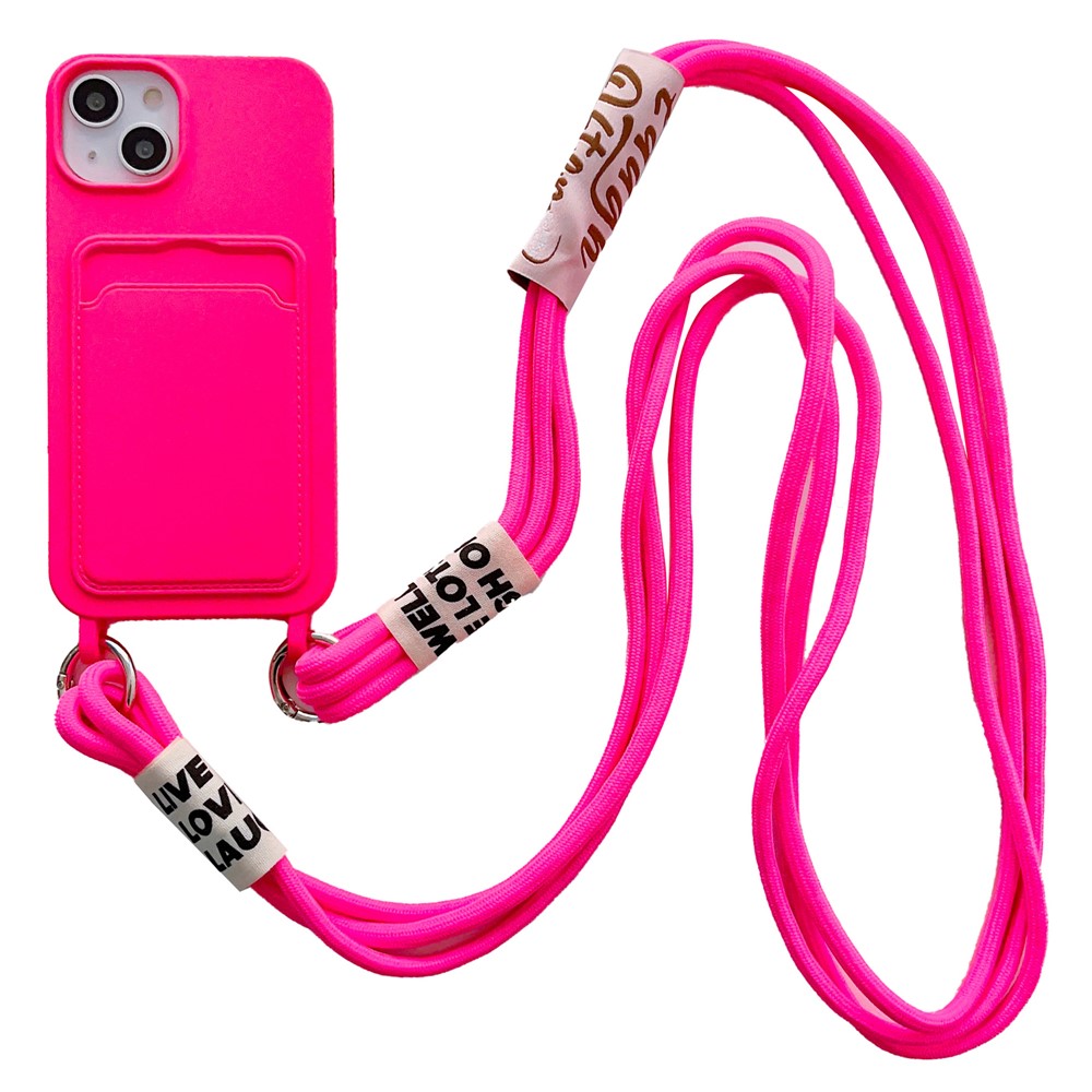 For iPhone 15 Card Holder Phone Case Soft Liquid Silicone Shockproof Cover with Strap