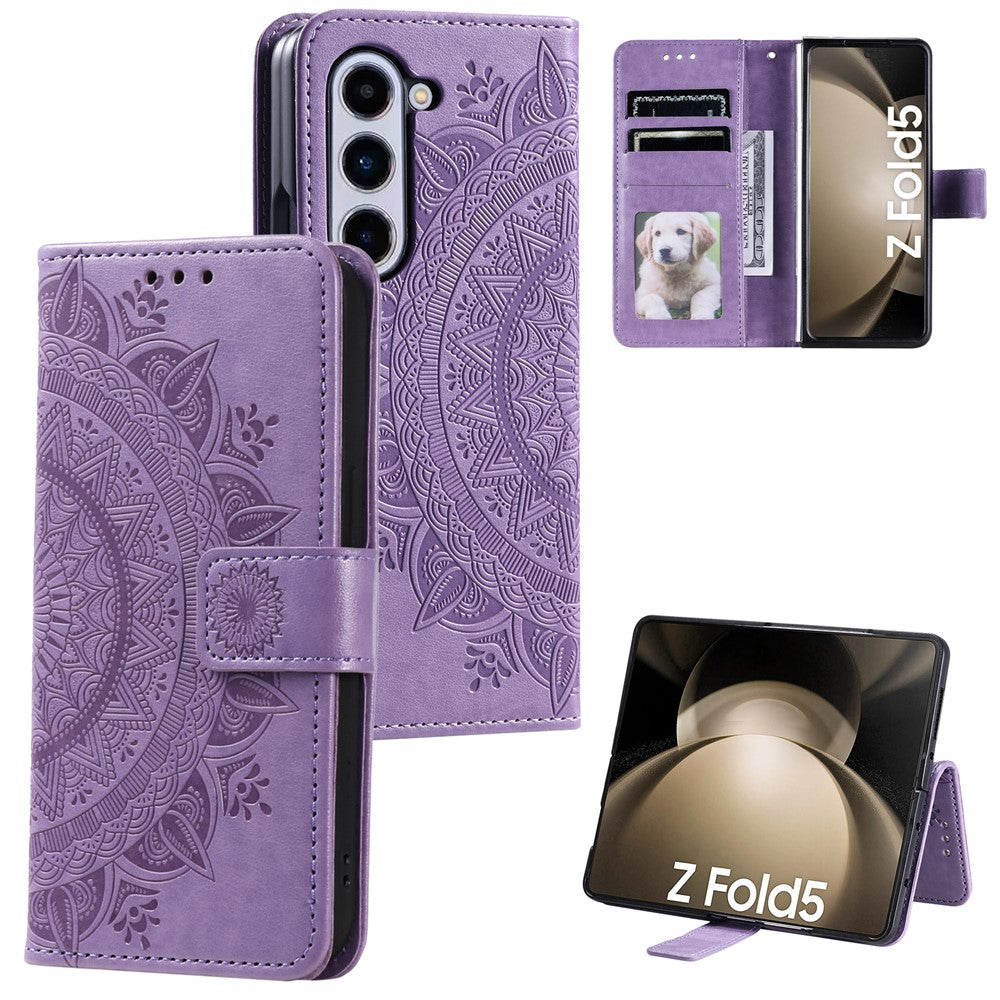 Til Samsung Galaxy Z Fold5 5G Læderpung-etui Mandala Blomst Præget Telefonstativ Cover med Rem