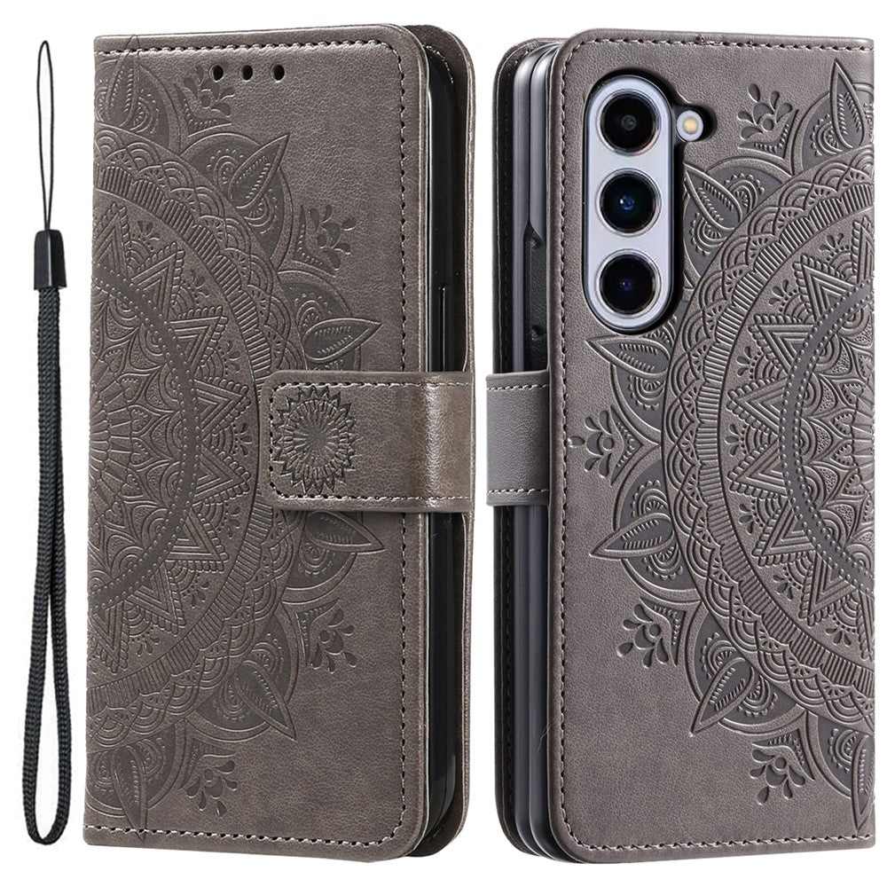 Til Samsung Galaxy Z Fold5 5G Læderpung-etui Mandala Blomst Præget Telefonstativ Cover med Rem