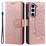 Til Samsung Galaxy Z Fold5 5G Læderpung-etui Mandala Blomst Præget Telefonstativ Cover med Rem