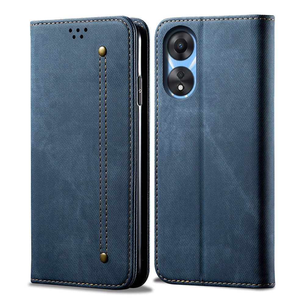 For Oppo A78 4G PU Leather Wallet Protective Case Jeans Cloth Texture Phone Stand Cover