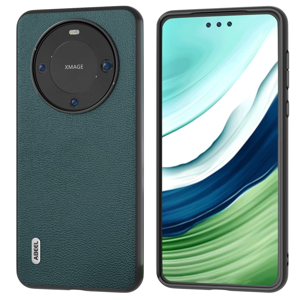 ABEEL For Huawei Mate 60 Pro Genuine Cow Leather Coating Phone Cover Litchi Texture PC+TPU Case