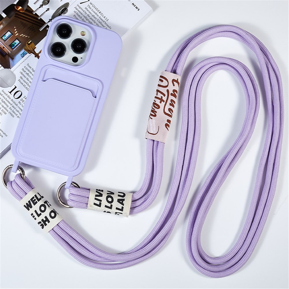 For iPhone 15 Pro Max Liquid Silicone Case Card Slot Shockproof Protective Phone Cover with Strap