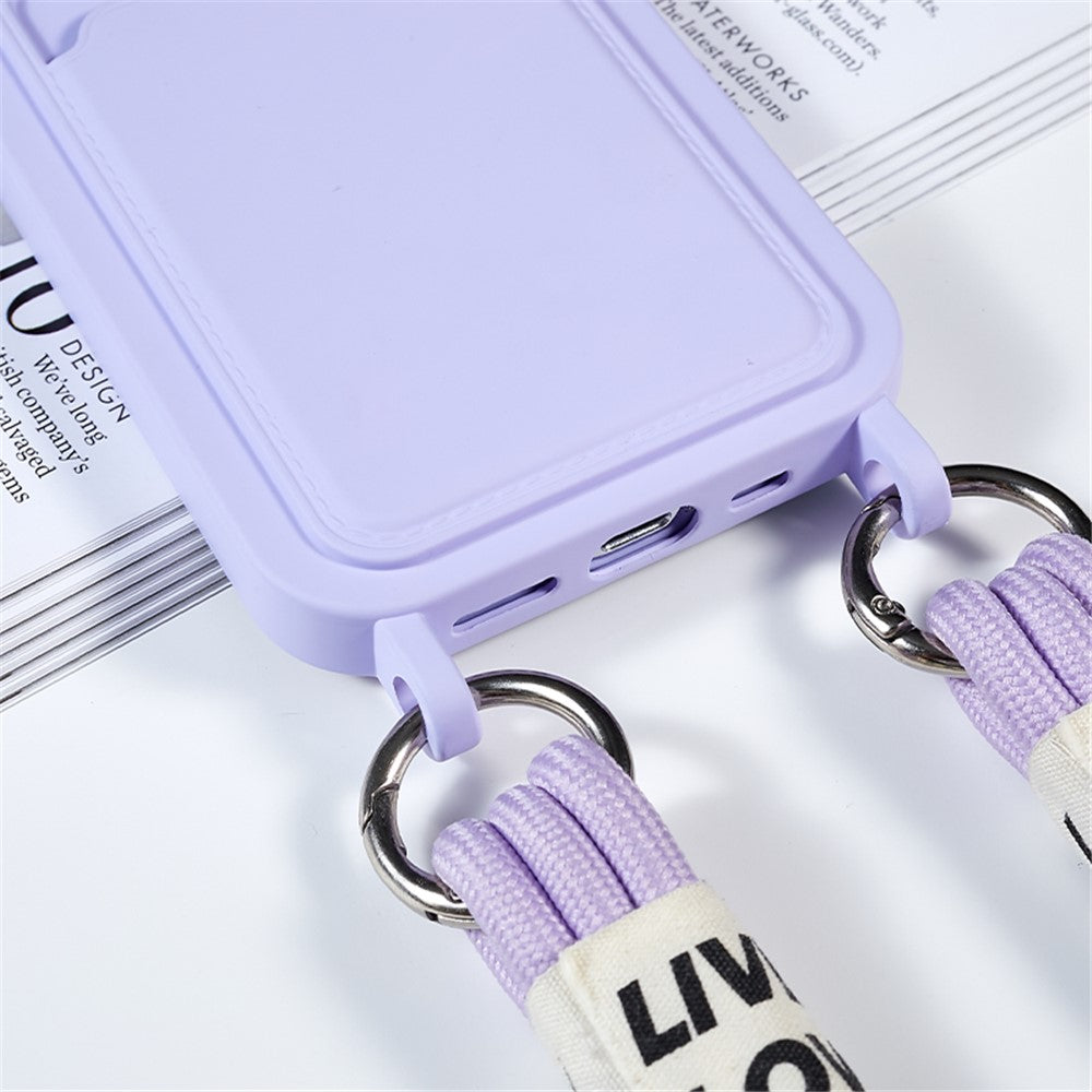 For iPhone 15 Pro Max Liquid Silicone Case Card Slot Shockproof Protective Phone Cover with Strap