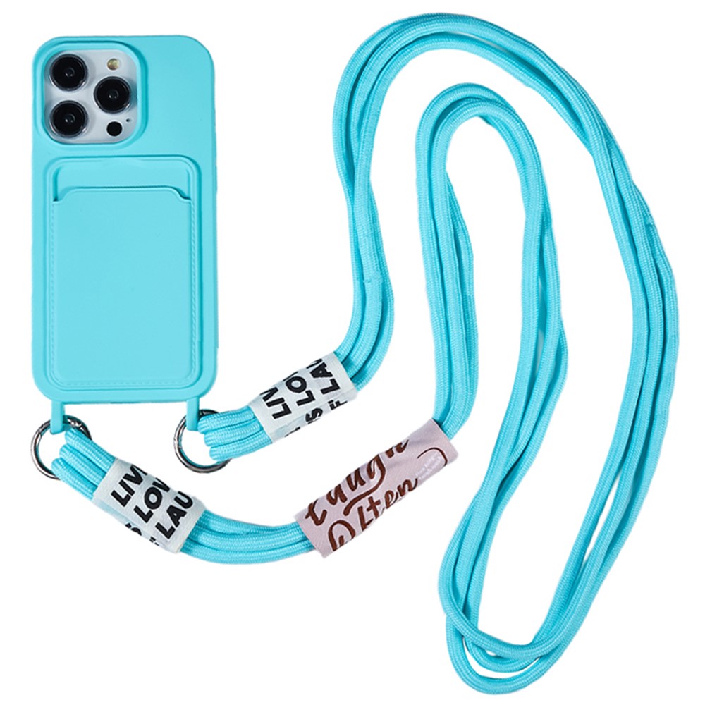 For iPhone 15 Pro Max Liquid Silicone Case Card Slot Shockproof Protective Phone Cover with Strap