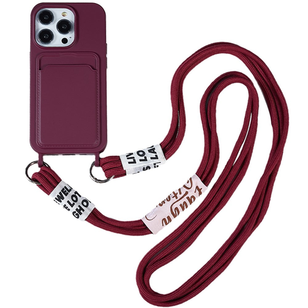 For iPhone 15 Pro Max Liquid Silicone Case Card Slot Shockproof Protective Phone Cover with Strap