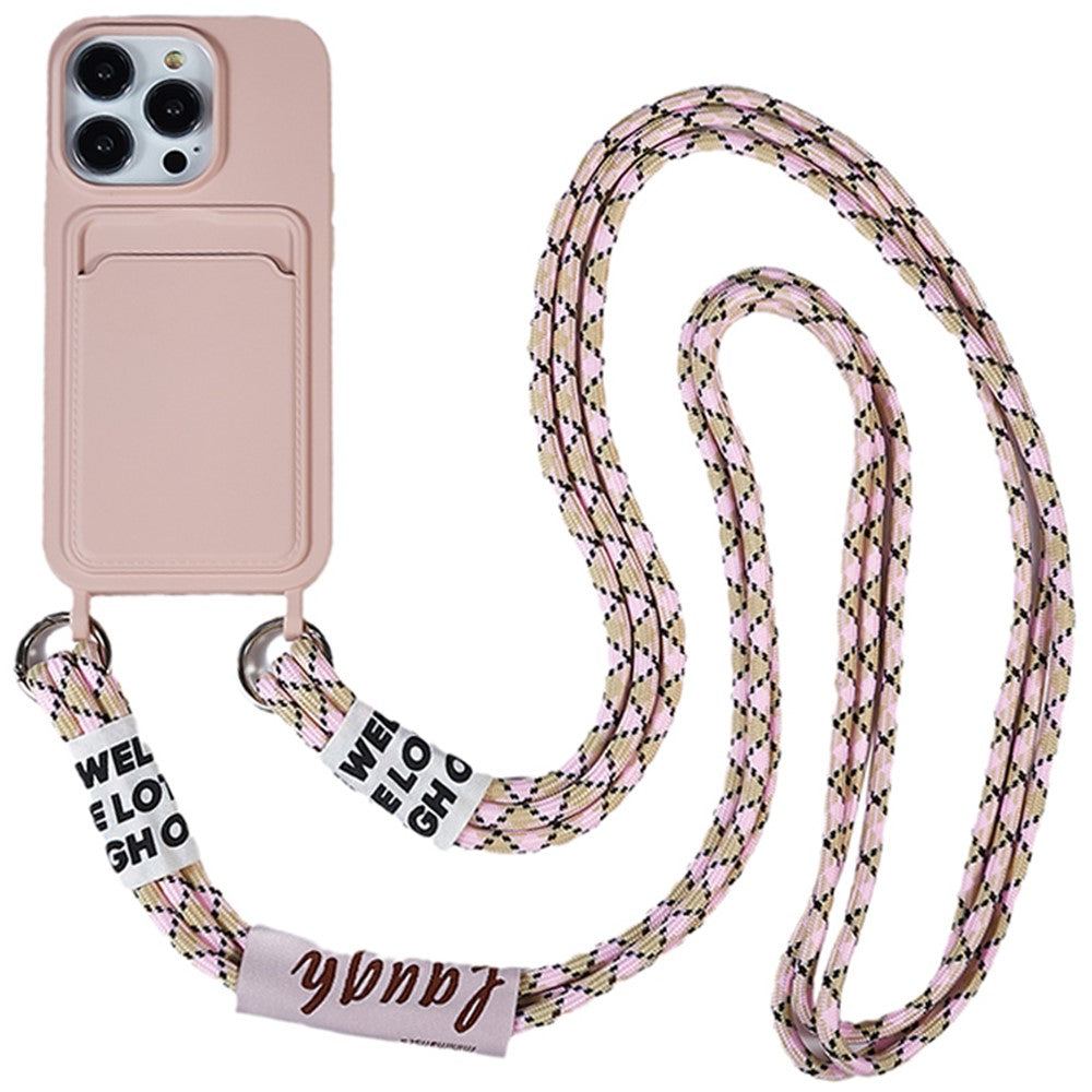 For iPhone 15 Pro Max Liquid Silicone Case Card Slot Shockproof Protective Phone Cover with Strap