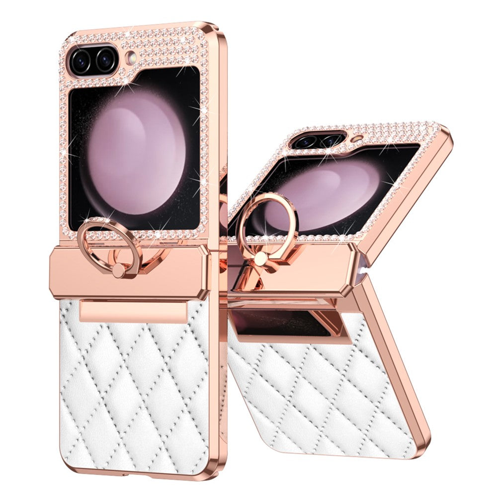 For Samsung Galaxy Z Flip5 5G Imprinted PU+PC Phone Case Rhinestone Decorated Ring Kickstand Phone Cover
