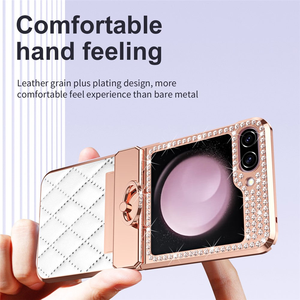 For Samsung Galaxy Z Flip5 5G Imprinted PU+PC Phone Case Rhinestone Decorated Ring Kickstand Phone Cover