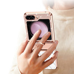 For Samsung Galaxy Z Flip5 5G Imprinted PU+PC Phone Case Rhinestone Decorated Ring Kickstand Phone Cover