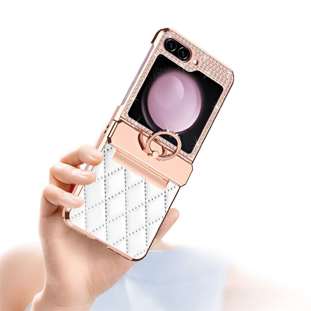 For Samsung Galaxy Z Flip5 5G Imprinted PU+PC Phone Case Rhinestone Decorated Ring Kickstand Phone Cover