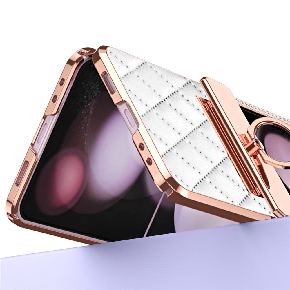For Samsung Galaxy Z Flip5 5G Imprinted PU+PC Phone Case Rhinestone Decorated Ring Kickstand Phone Cover