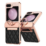 For Samsung Galaxy Z Flip5 5G Imprinted PU+PC Phone Case Rhinestone Decorated Ring Kickstand Phone Cover