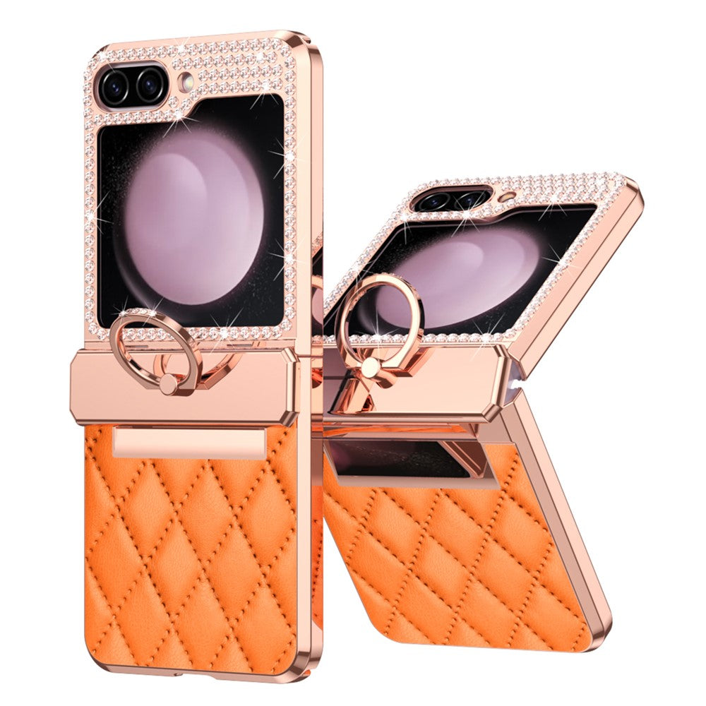 For Samsung Galaxy Z Flip5 5G Imprinted PU+PC Phone Case Rhinestone Decorated Ring Kickstand Phone Cover