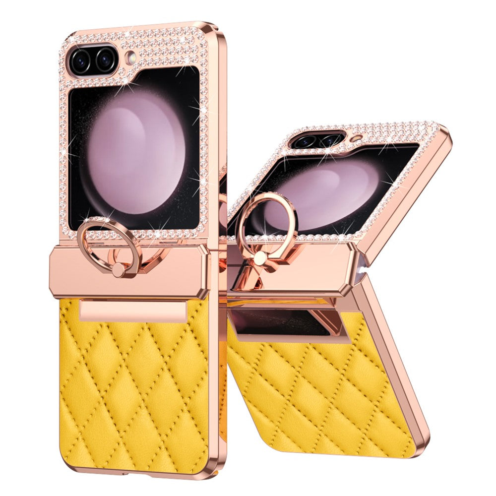 For Samsung Galaxy Z Flip5 5G Imprinted PU+PC Phone Case Rhinestone Decorated Ring Kickstand Phone Cover